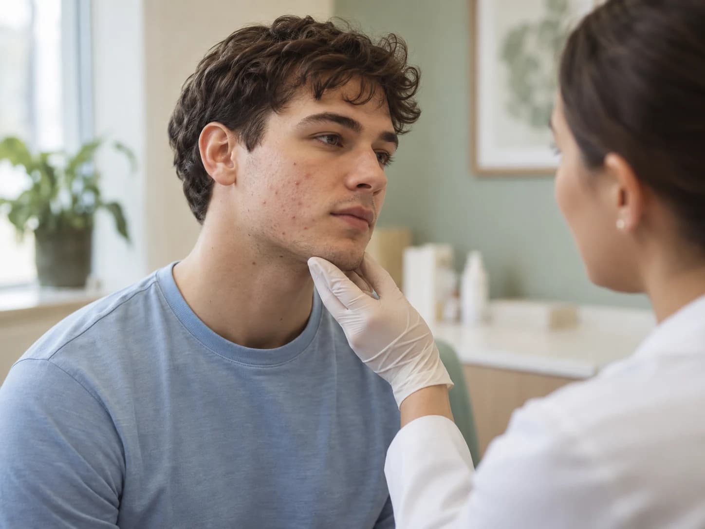 Evaluarea leziunilor acneice de pe obraz în timpul unei consultații dermatologice
