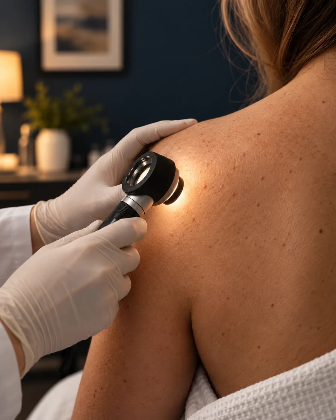Medic dermatolog examinând bubițe de pe umăr și spate cu lumină de mărire