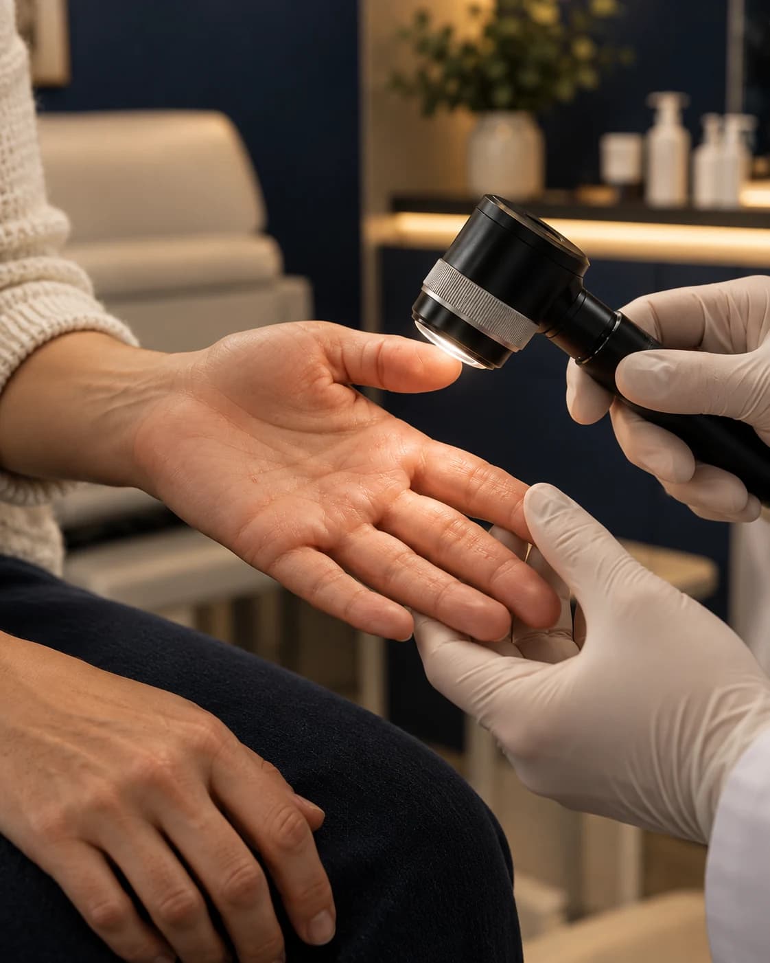 Medic dermatolog examinând palma și degetele cu lumină de mărire
