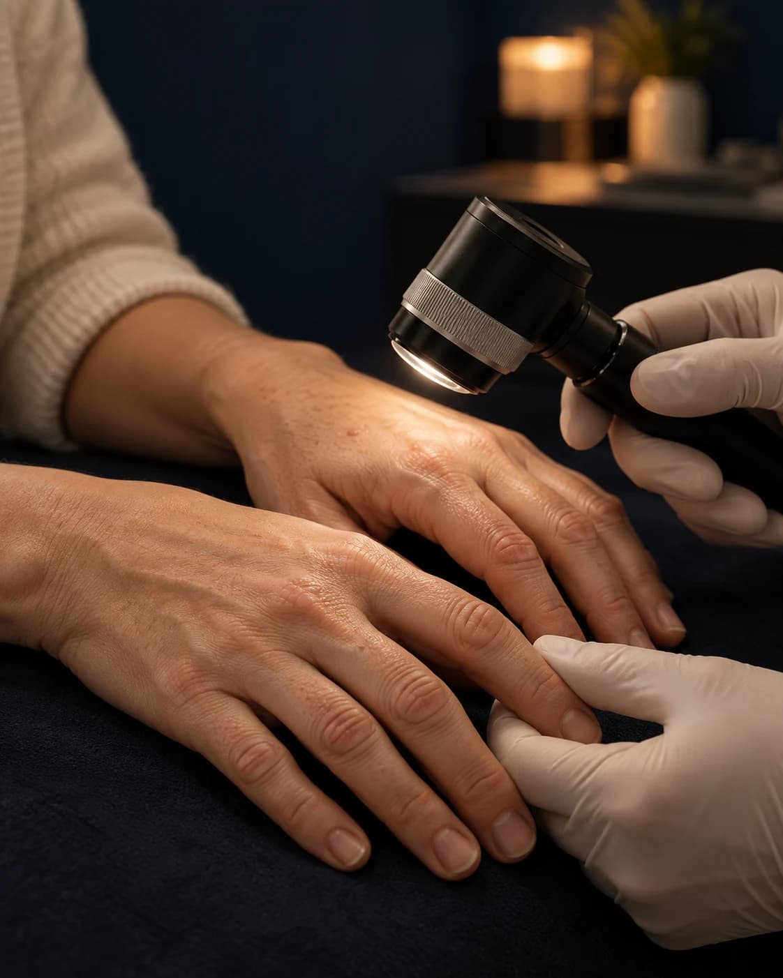 Examinarea cu dermatoscopul a unor bubițe discrete de pe mâini