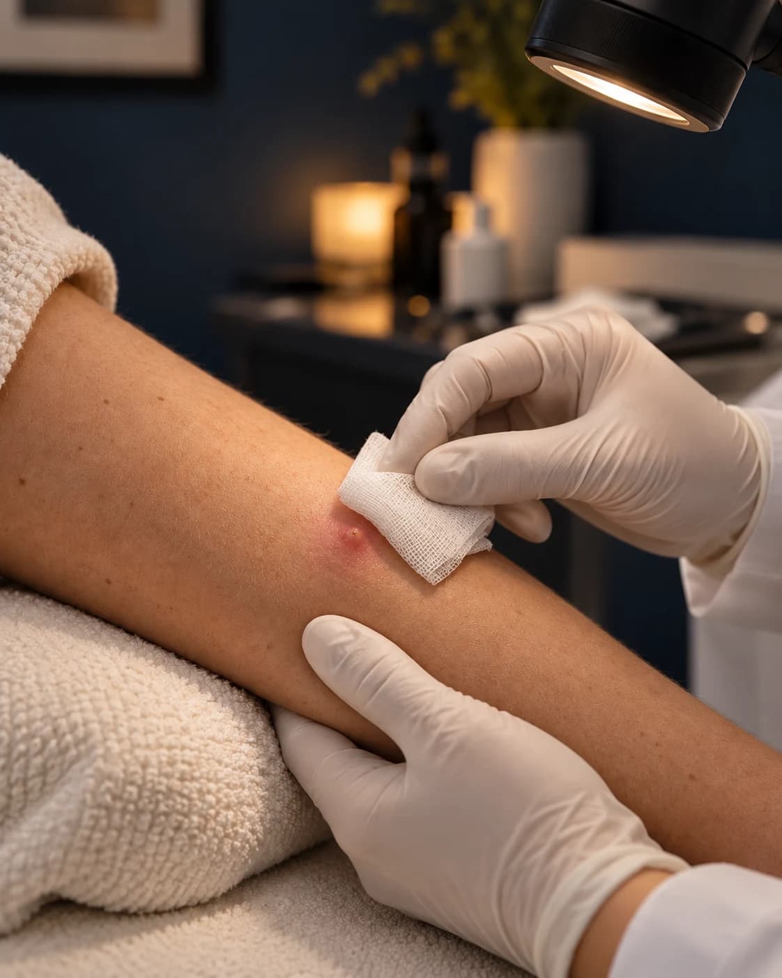 Medic dermatolog aplicând tifon steril peste o inflamație localizată a pielii