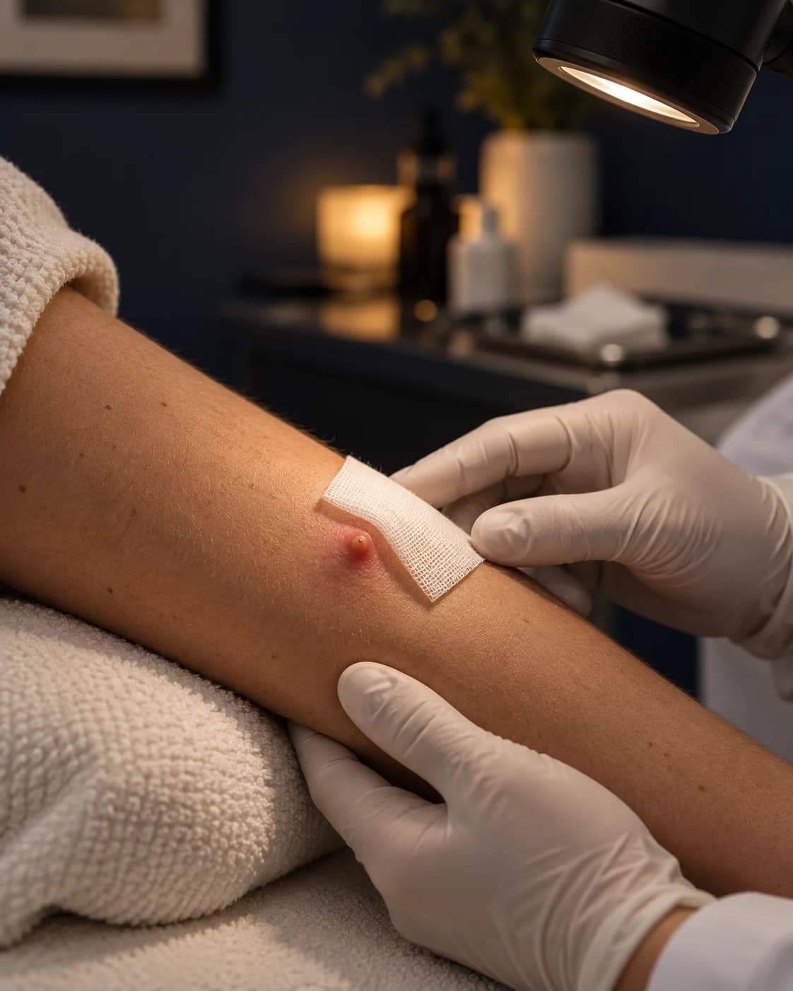 Evaluarea unei leziuni cutanate inflamate acoperite cu tifon steril