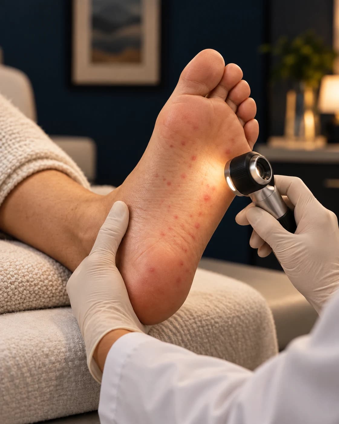 Medic dermatolog examinând pete roșii de pe talpă cu lumină de mărire