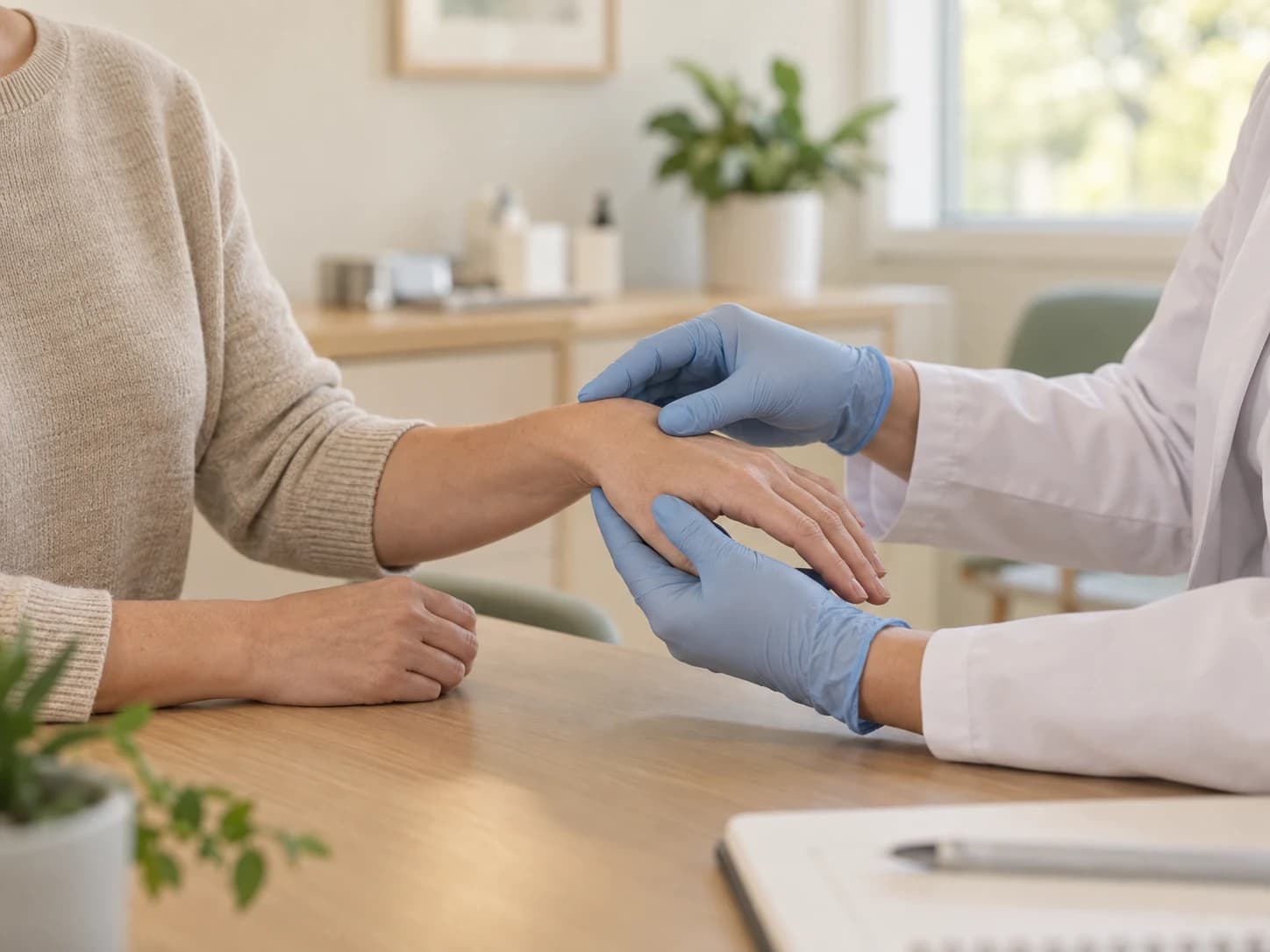 Ilustrație generată a unei consultații: medic cu mănuși examinând mâna și încheietura pacientului