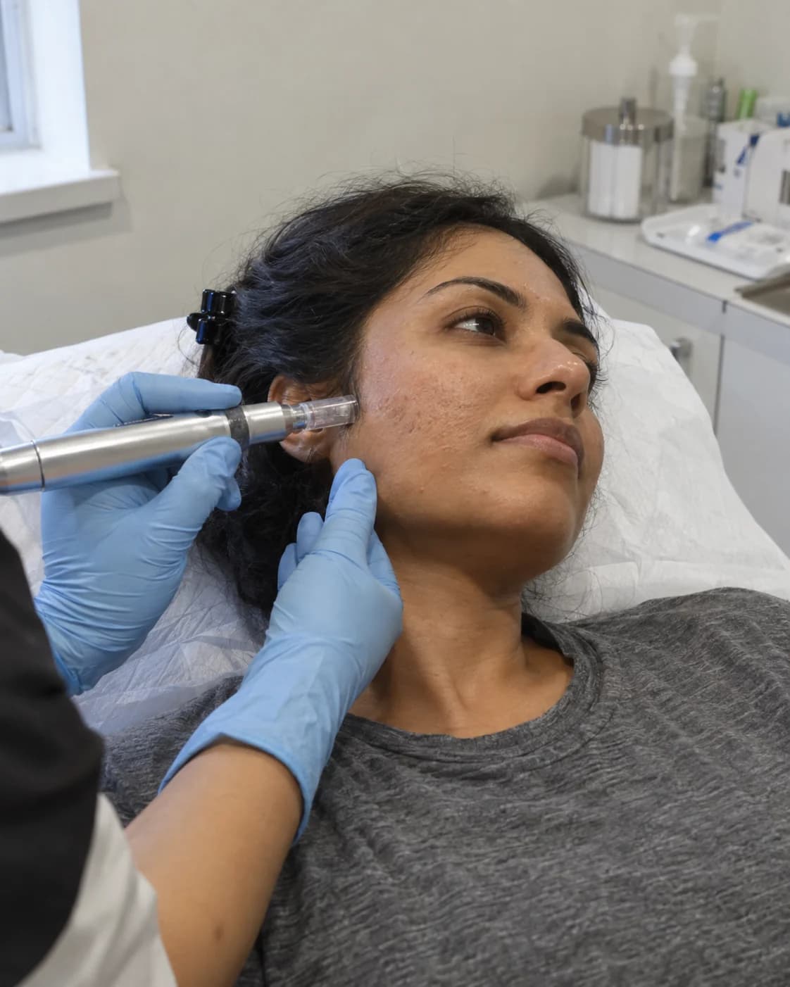 Imagine ilustrativă generată: dispozitiv de microneedling aplicat pe obraz