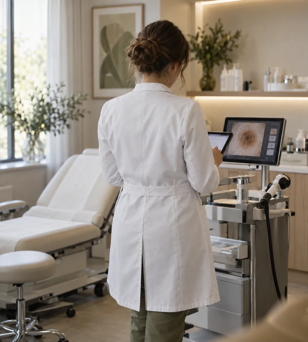 Medic dermatolog examinând pielea cu dermatoscopul